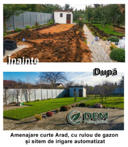 Amenajare curte cu rulou de gazon si sistem de irigare automatizat